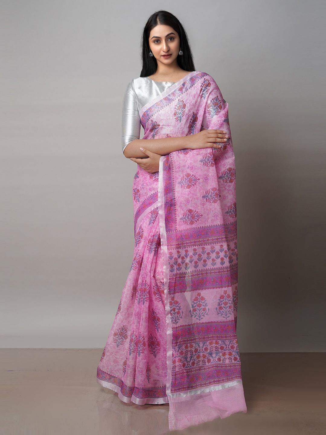 

Unnati Silks Ethnic Motifs Block Printed Zari Pure Cotton Handloom Kota Saree, Pink