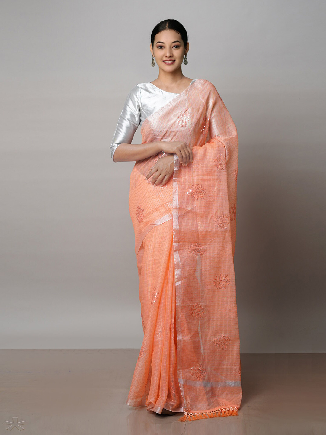 

Unnati Silks Floral Embroidered Sequinned Pure Cotton Handloom Kota Saree, Orange