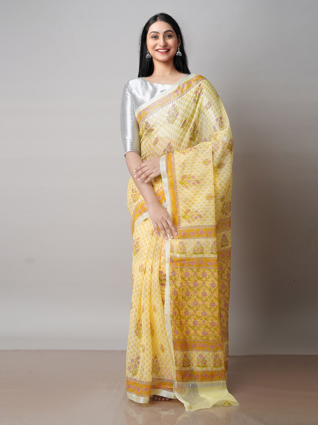 

Unnati Silks Ethnic Printed Zari Pure Cotton Handloom Kota Saree, Yellow