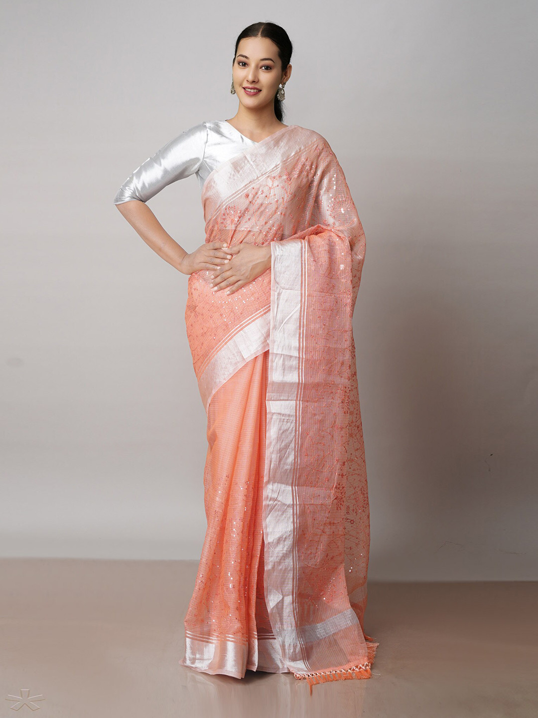 

Unnati Silks Floral Embroidered Zari Pure Cotton Handloom Kota Saree, Peach