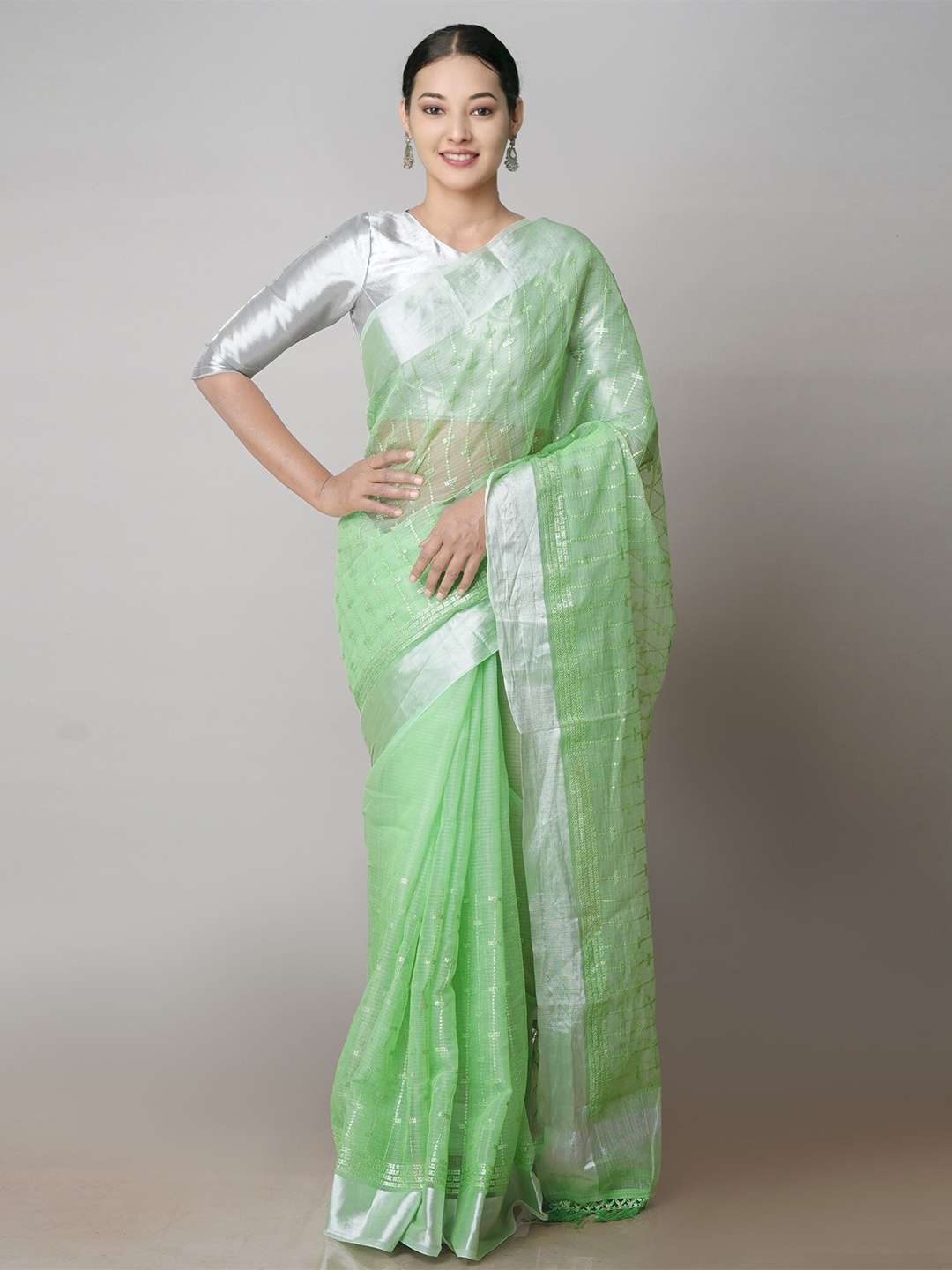 

Unnati Silks Ethnic Motifs Woven Design Zari Pure Cotton Handloom Kota Saree, Green