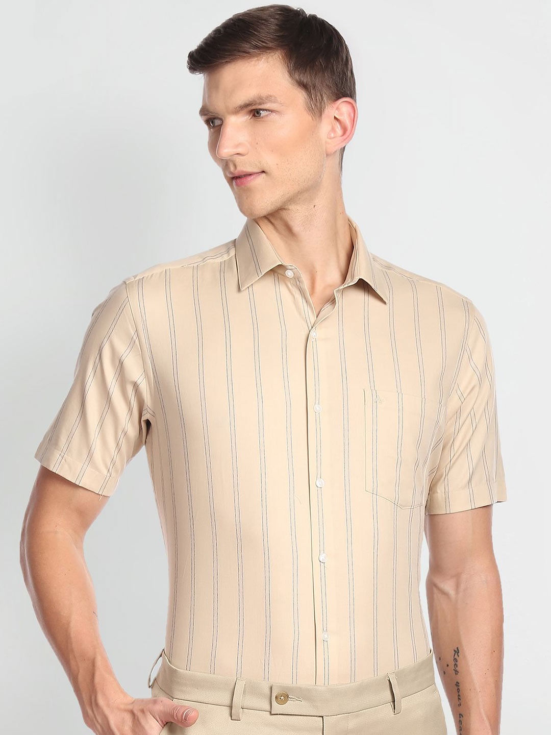 

Arrow Vertical Striped Spread Collar Pure Cotton Shirt, Yellow