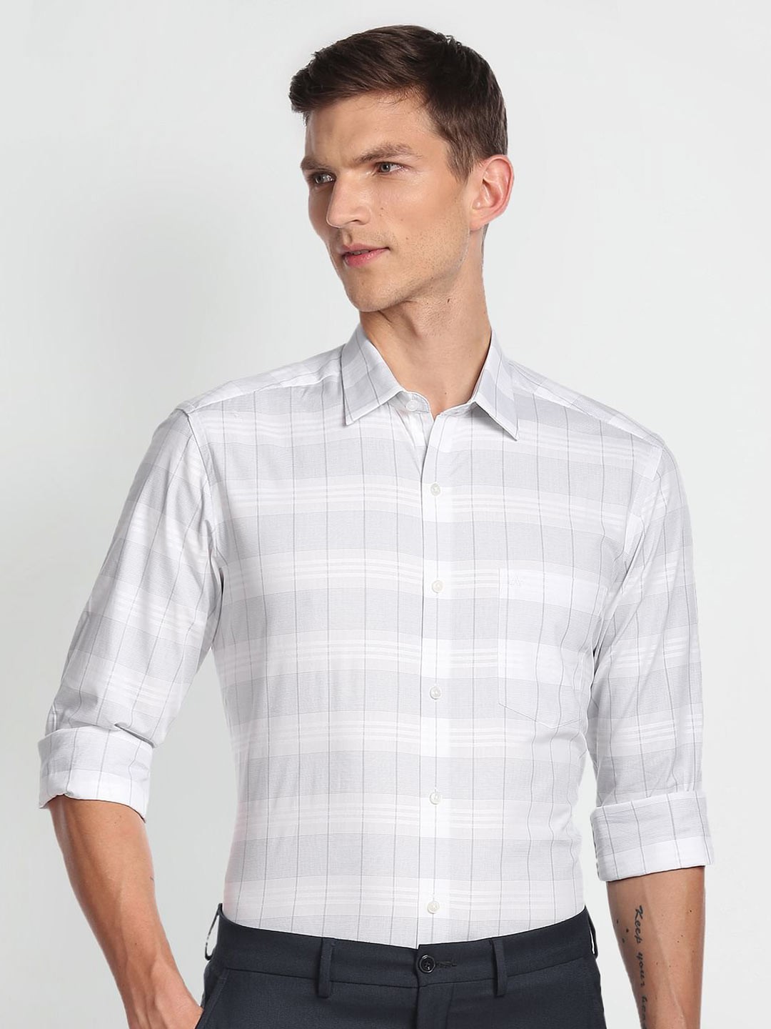

Arrow Tartan Checked Spread Collar Pure Cotton Shirt, White