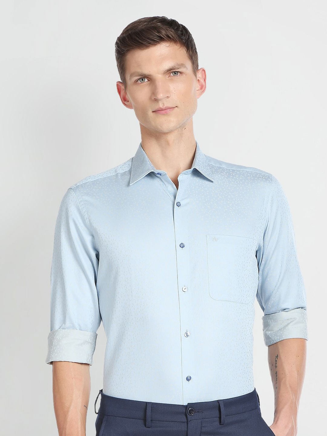 Arrow Floral Printed Twill Weave Pure Cotton Formal Shirt, Blue