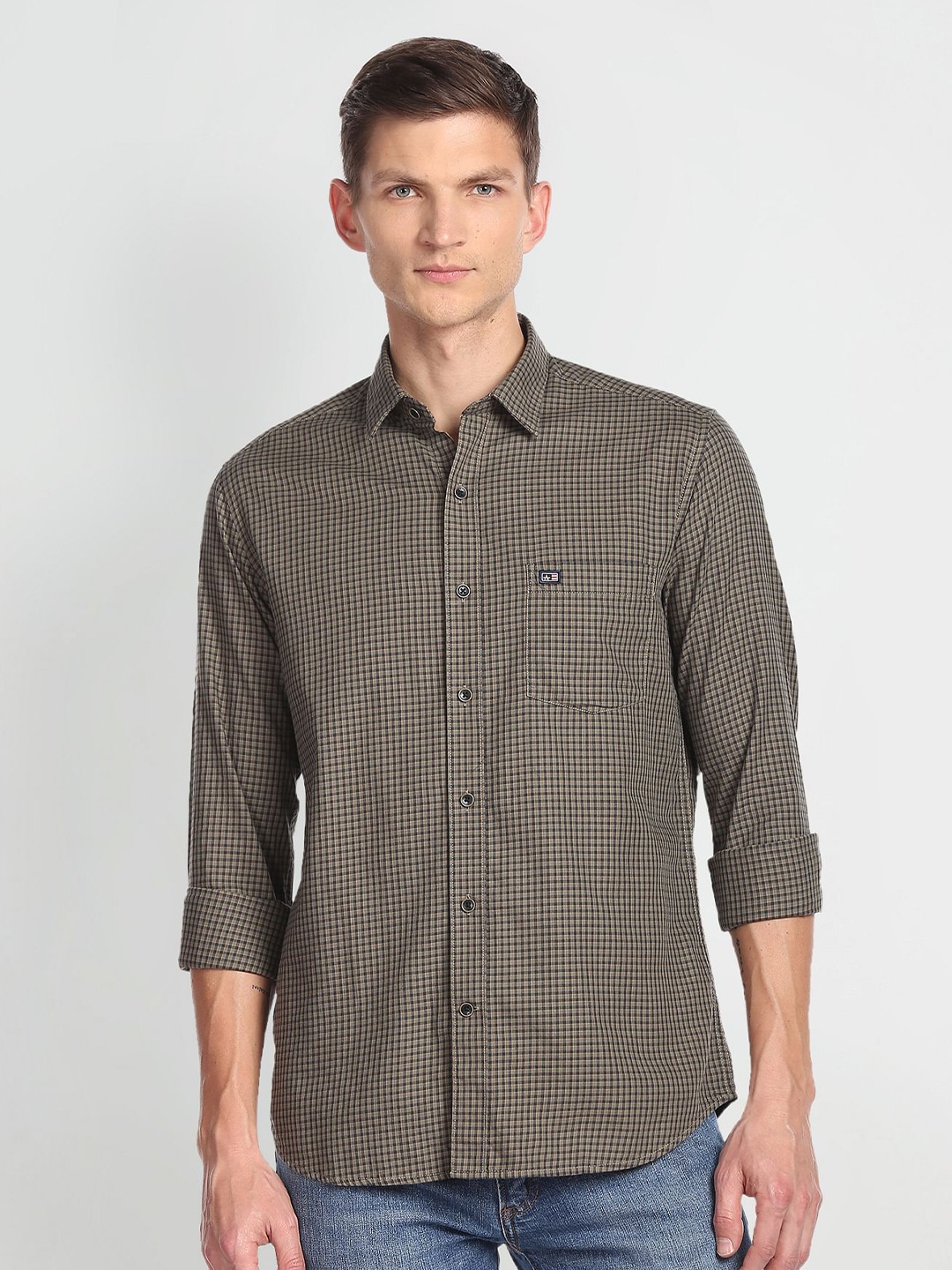 

Arrow Sport Micro Checked Spread Collar Pure Cotton Shirt, Beige