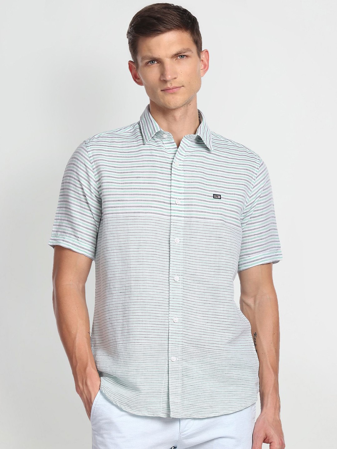 

Arrow Sport Horizontal Striped Spread Collar Casual Shirt, Green