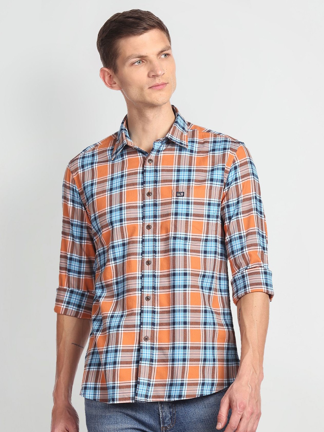 

Arrow Sport Tartan Checks Spread Collar Slim Fit Cotton Casual Shirt, Orange