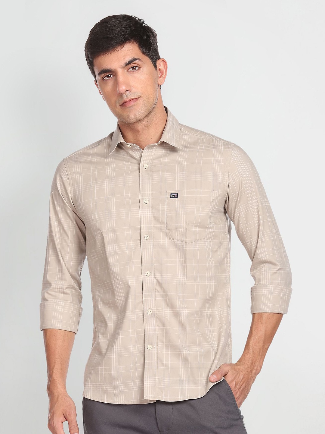 

Arrow Sport Checked Spread Collar Slim Fit Cotton Casual Shirt, Beige
