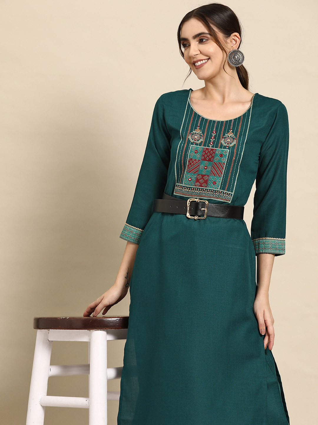 

Sangria Women Ethnic Motifs Yoke Design Regular Mirror Work Kurta with Trousers, Teal