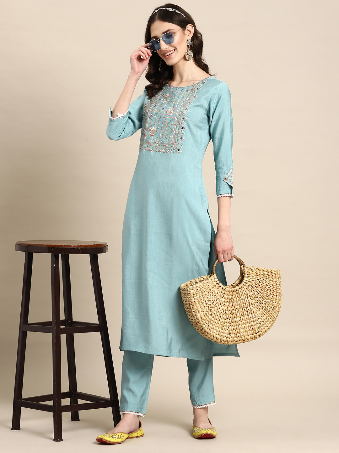 

Sangria Women Blue Floral Embroidered Regular Mirror Work Kurta with Trousers
