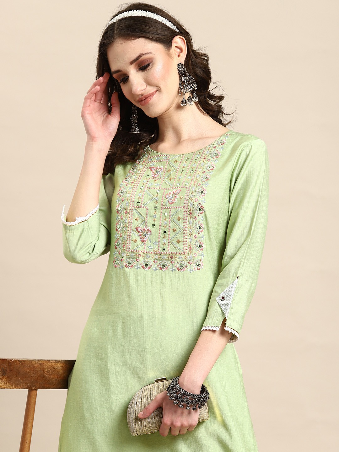 

Sangria Women Floral Yoke Design Embroidered Mirror Work Kurta with Trousers, Green