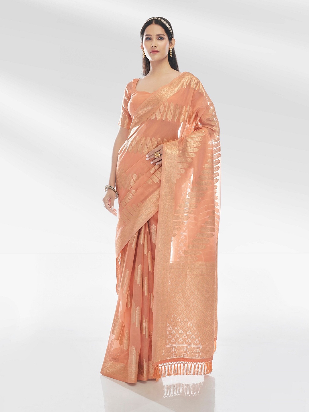 

Mitera Orange & Gold-Toned Woven Design Zari Organza Banarasi Saree