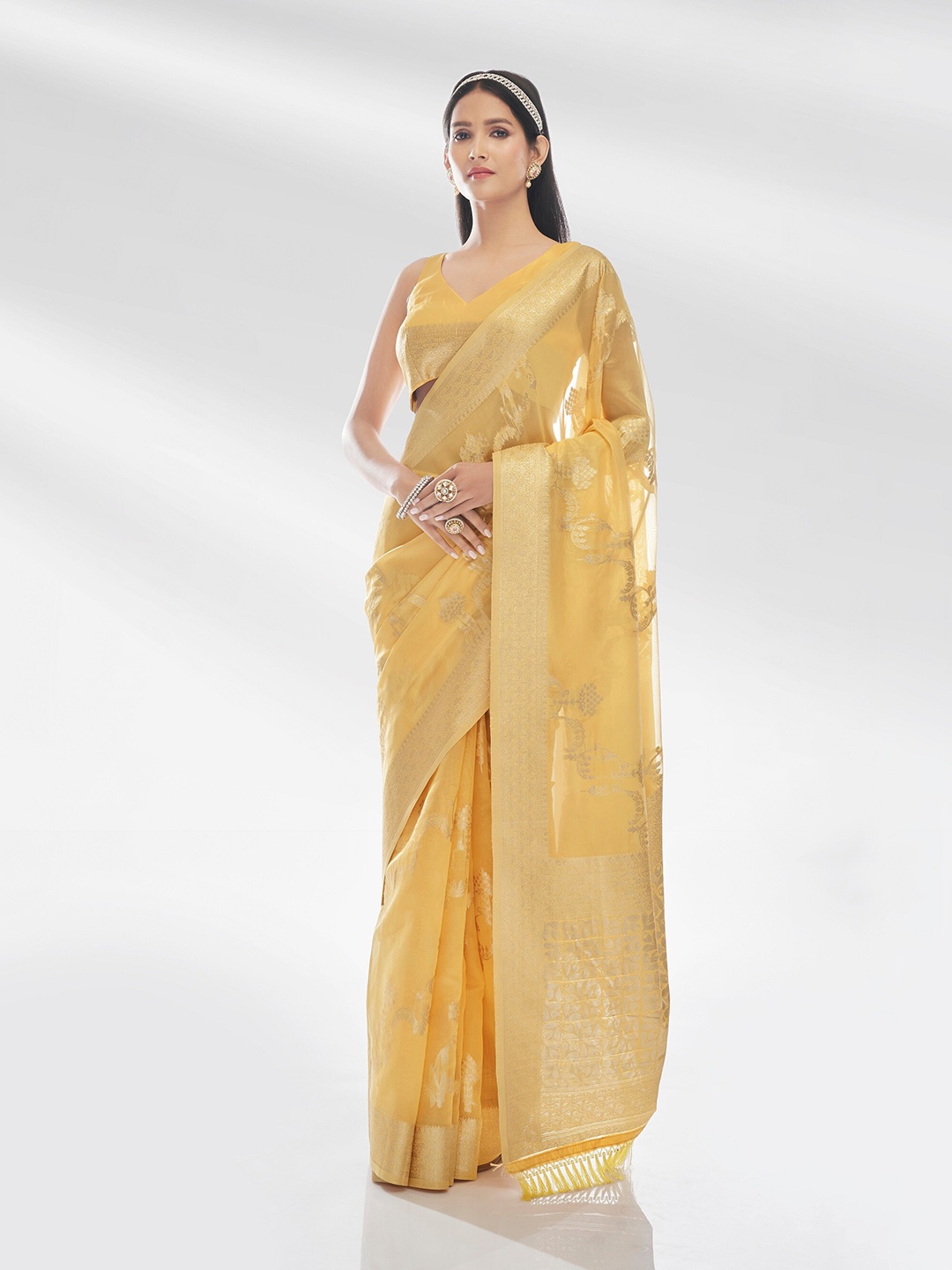 

Mitera Yellow & Gold-Toned Woven Design Zari Organza Banarasi Saree