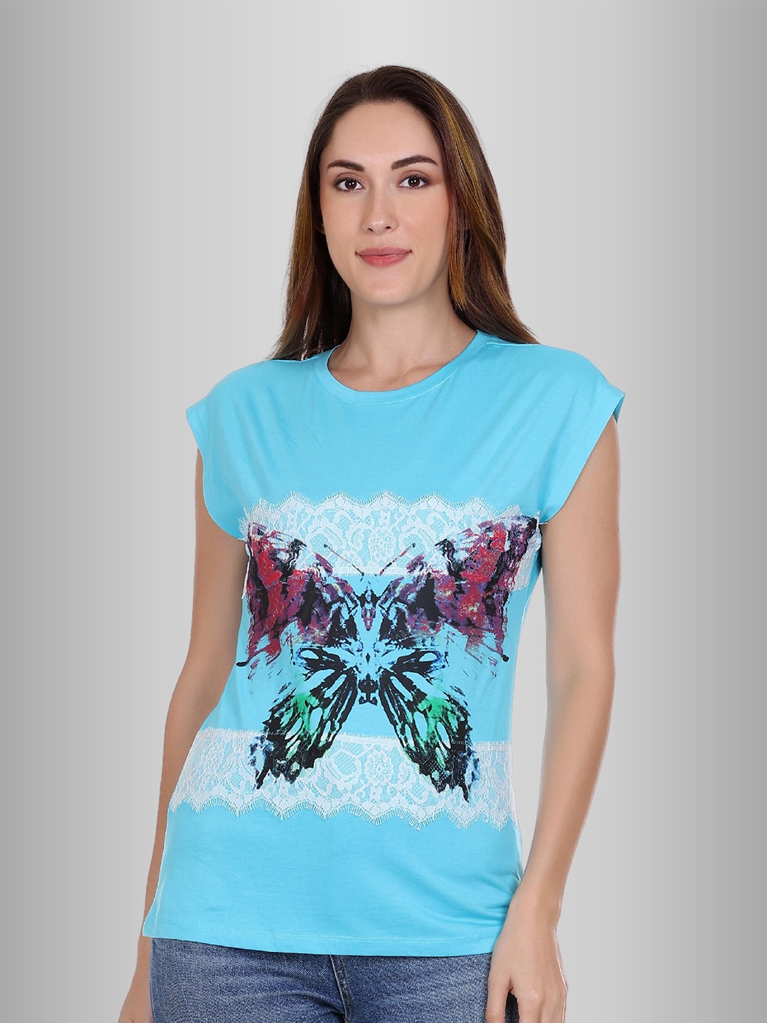 

Moda Elementi Graphic Printed Extended Sleeves T-shirt, Blue