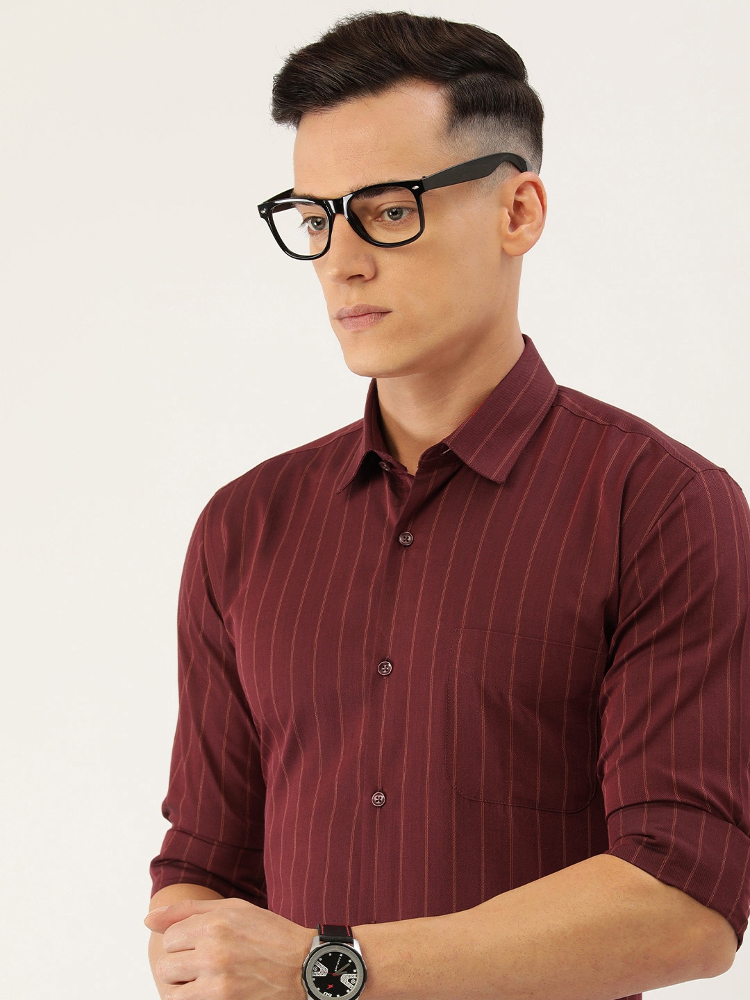 

Peter England Men Maroon Pinstripes Opaque Striped Casual Shirt