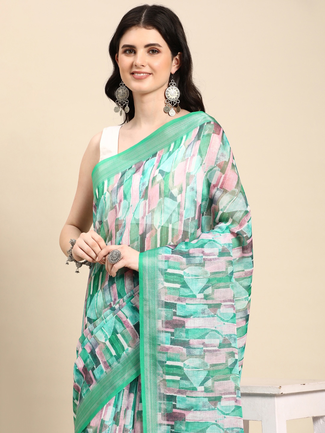 

Mitera Abstract Printed Pure Linen Saree, Green
