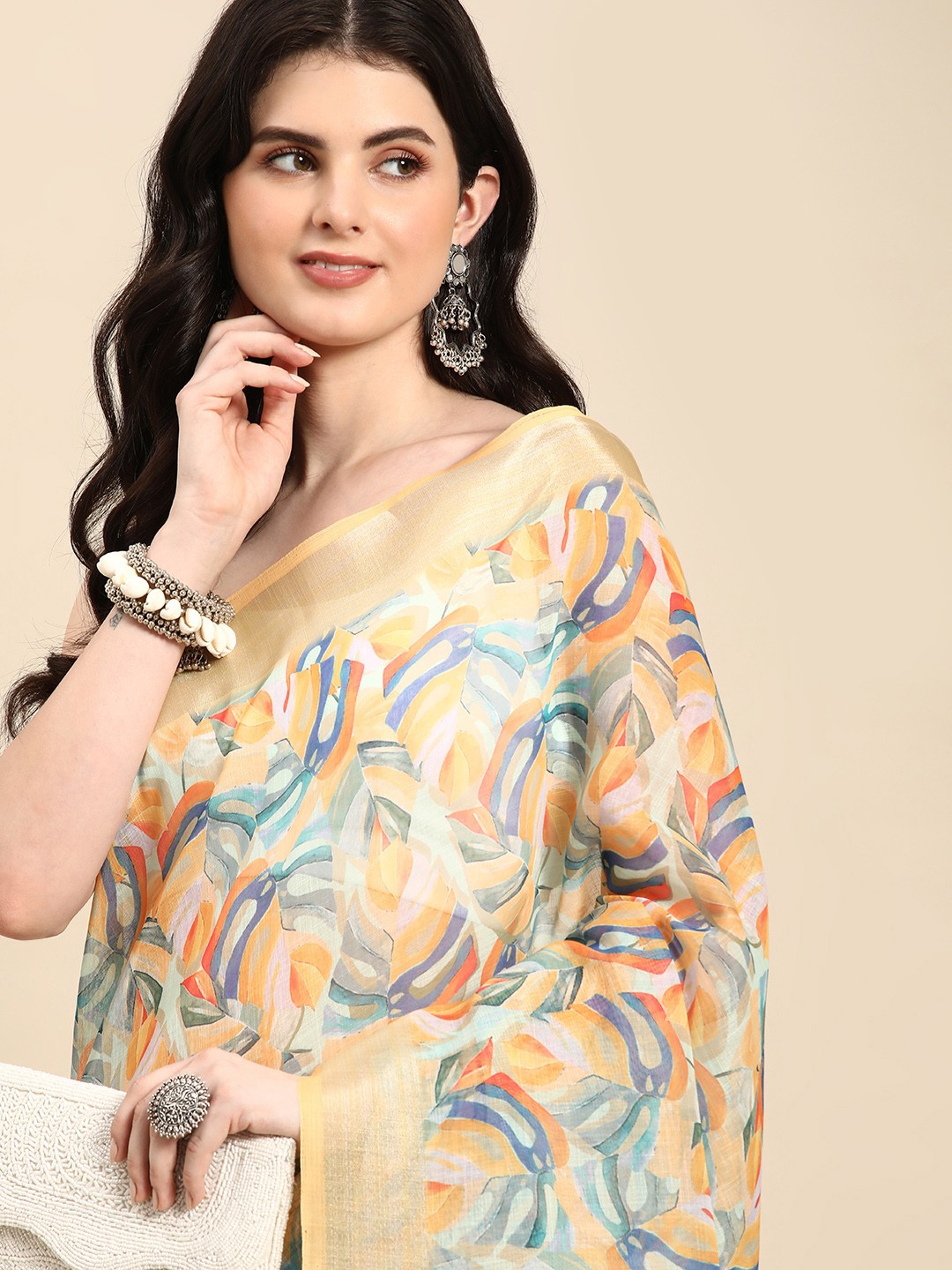 

Mitera Abstract Printed Pure Linen Saree, Yellow
