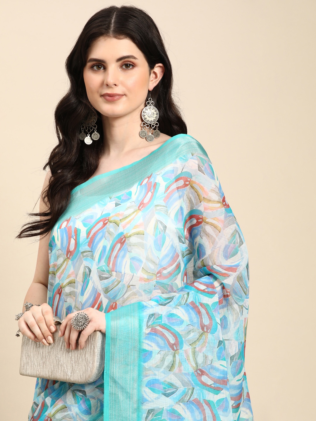 

Mitera Abstract Printed Pure Linen Saree, Blue