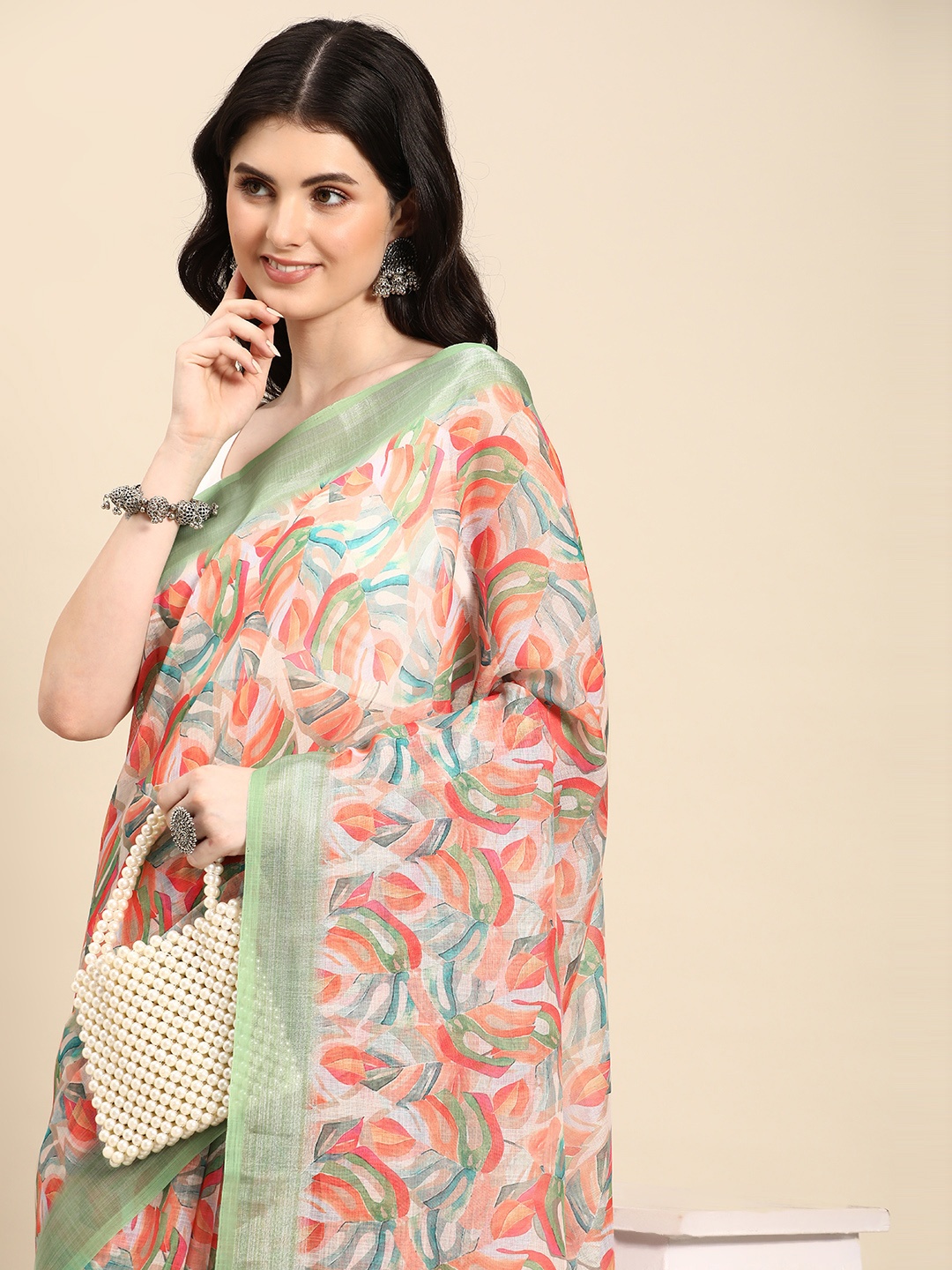 

Mitera Abstract Printed Pure Linen Saree, Green