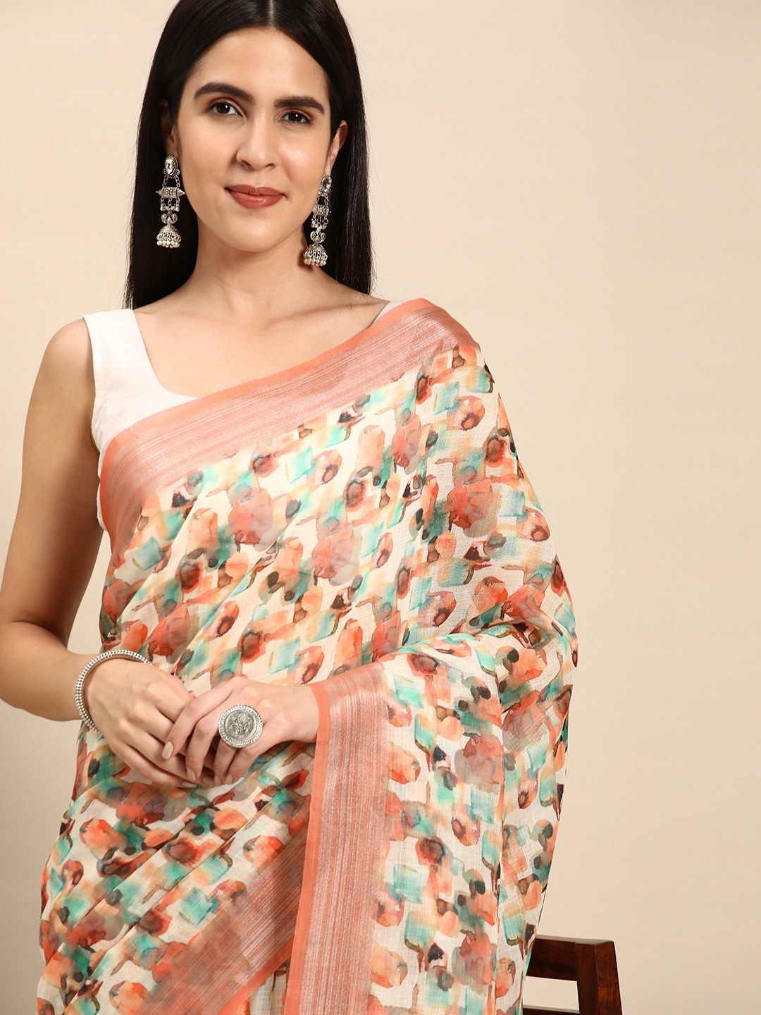 

Mitera Abstract Printed Pure Linen Saree, Brown