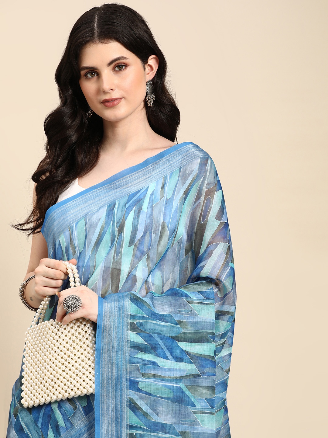 

Mitera Abstract Printed Pure Linen Saree, Blue