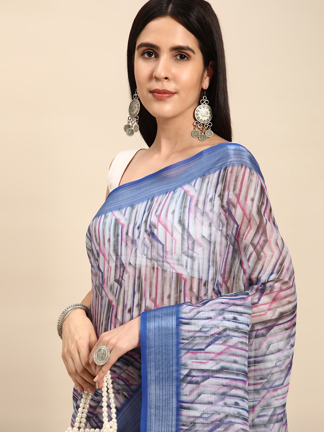 

Mitera Abstract Printed Pure Linen Saree, Blue