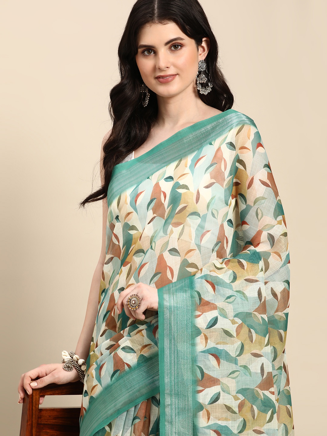 

Mitera Abstract Printed Pure Linen Saree, Green