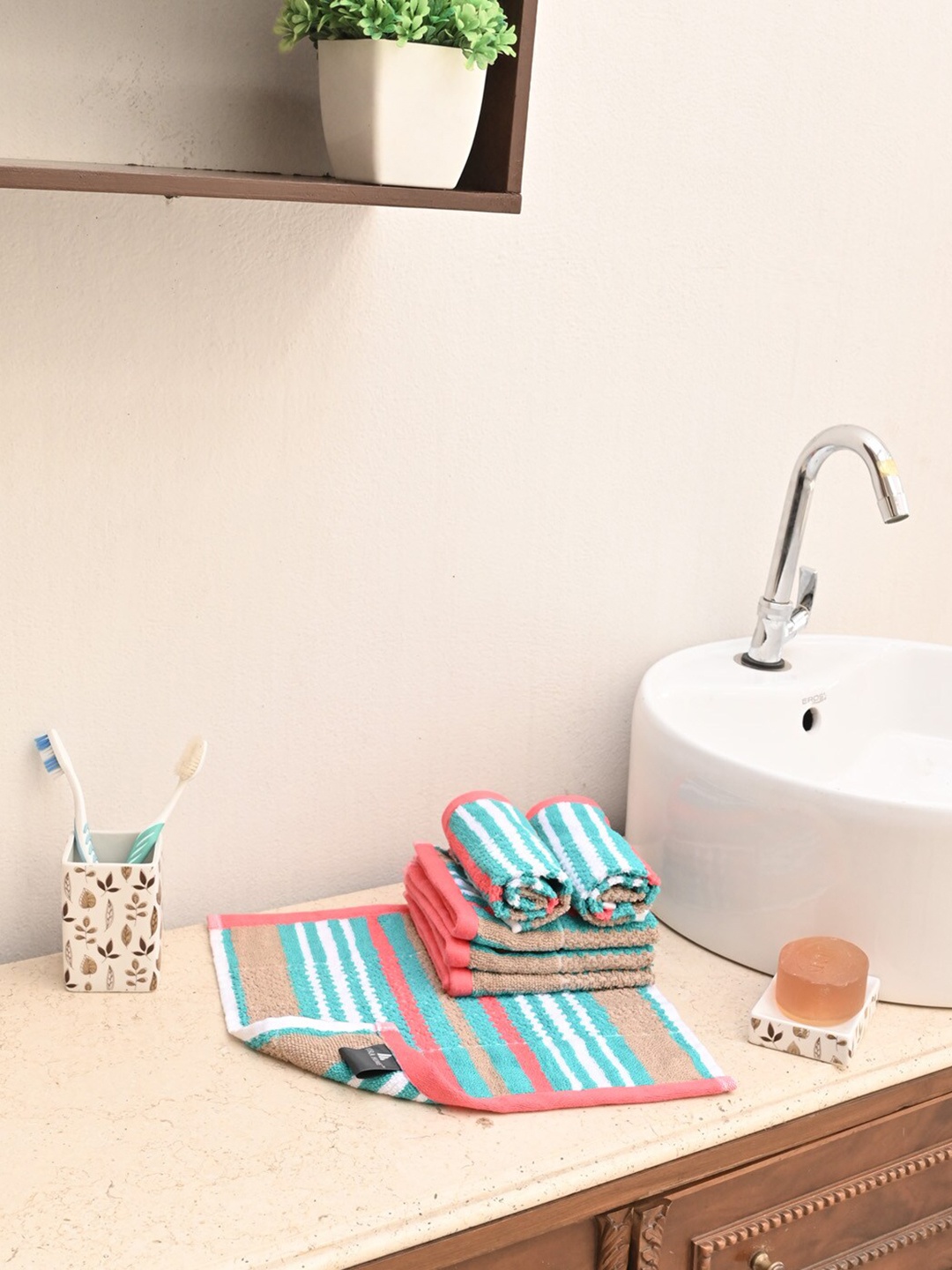 

AVI Living Blue & Coral-Pink 6 Pieces Striped 500 GSM Cotton Face Towels