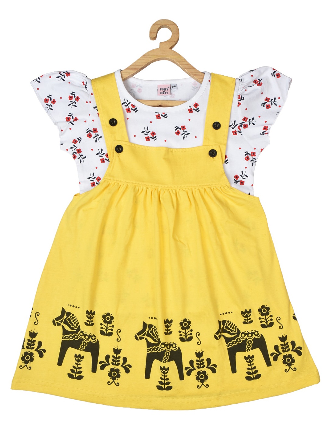 

POMY & JINNY Girls Conversational Printed Cotton Pinafore Dress With Top, Yellow