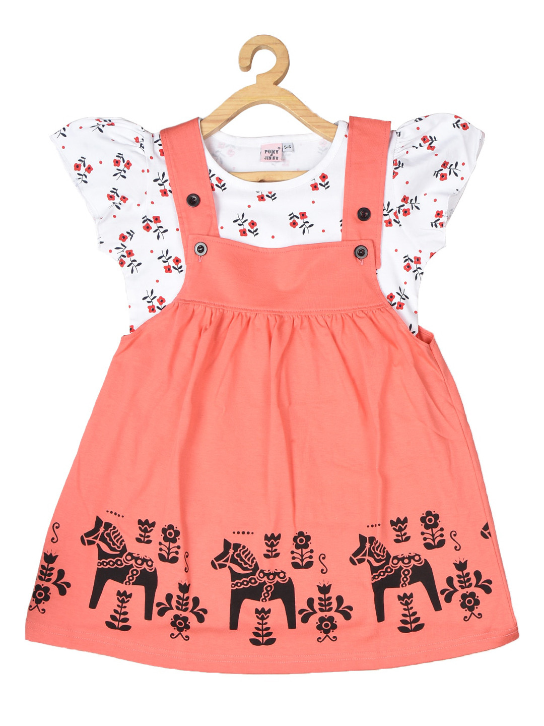 

POMY & JINNY Girls Conversational Printed Cotton Pinafore Dress With Top, Orange