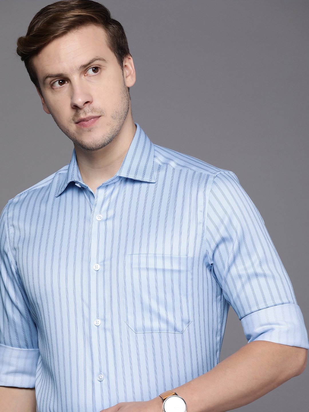 

Louis Philippe Men Blue Opaque Striped Pure Cotton Formal Shirt