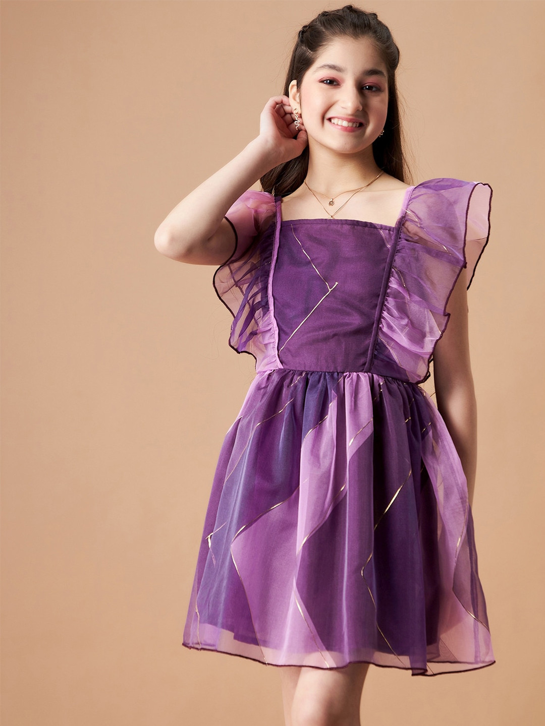 

Cherry & Jerry Girls Striped Flutter Sleeves Ruffled Organza Fit & Flare Dress, Purple