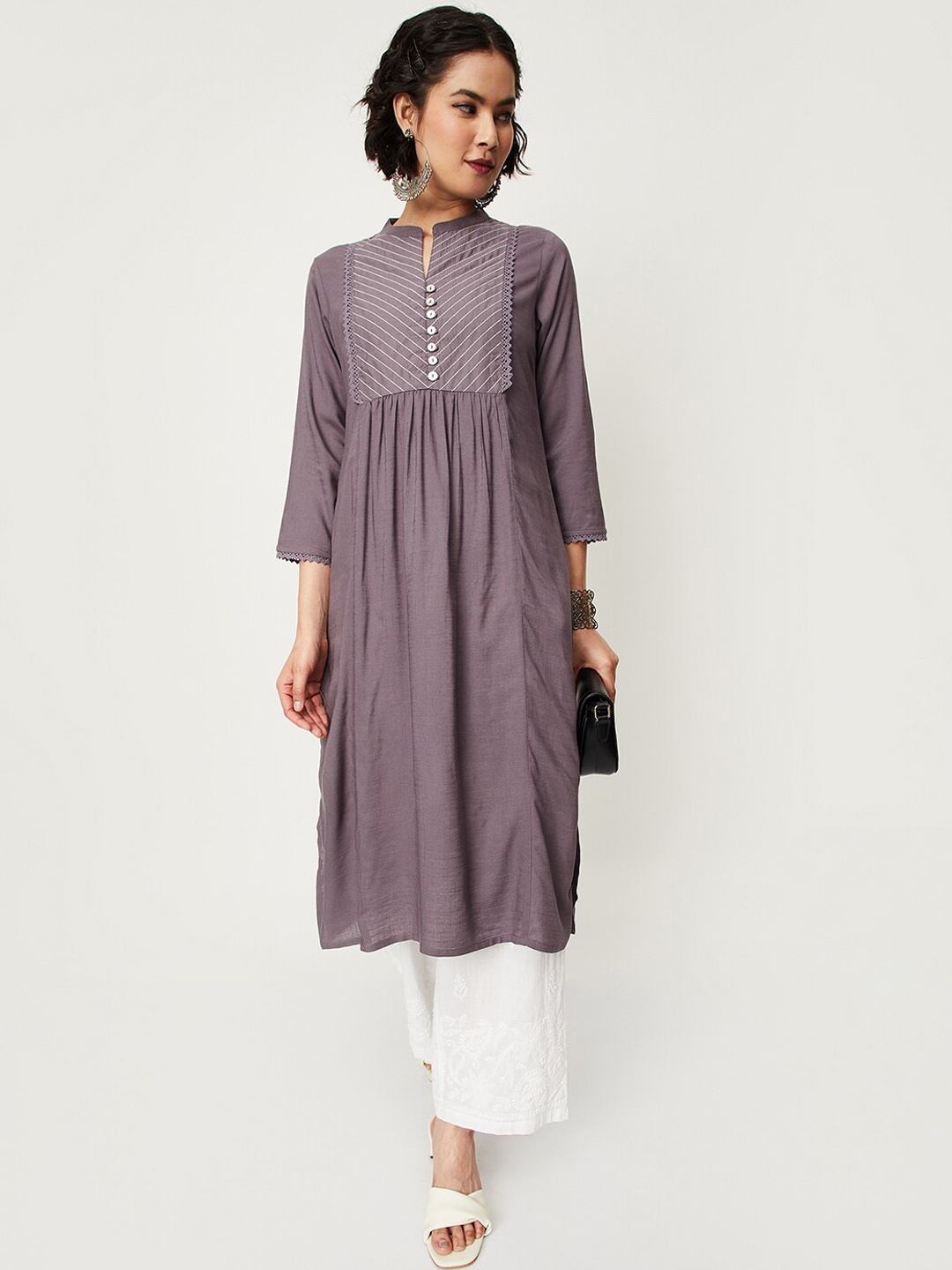 

max Lace Detail Mandarin Collar Pleated A-Line Kurta, Grey