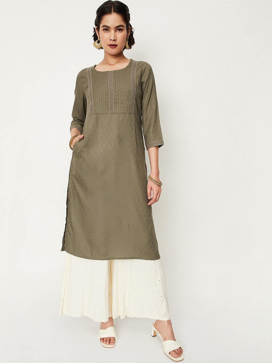 

max Round Neck Woven Design Lace Inserts Kurta, Taupe