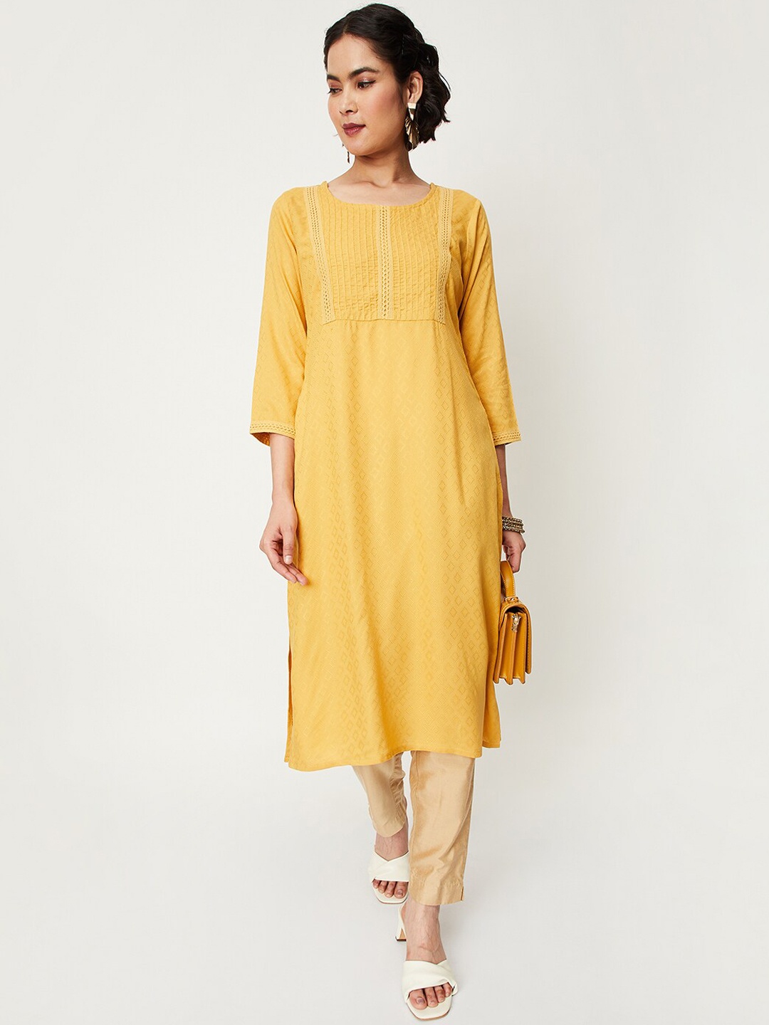 

max Round Neck Woven Design Lace Inserts Kurta, Yellow