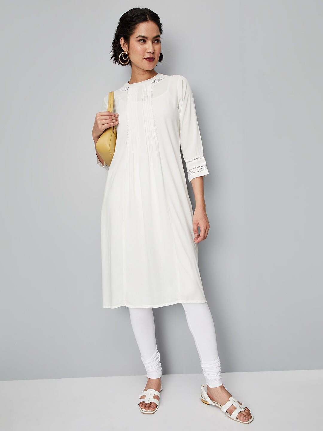 

max Round Neck Pleated A-Line Kurta, White