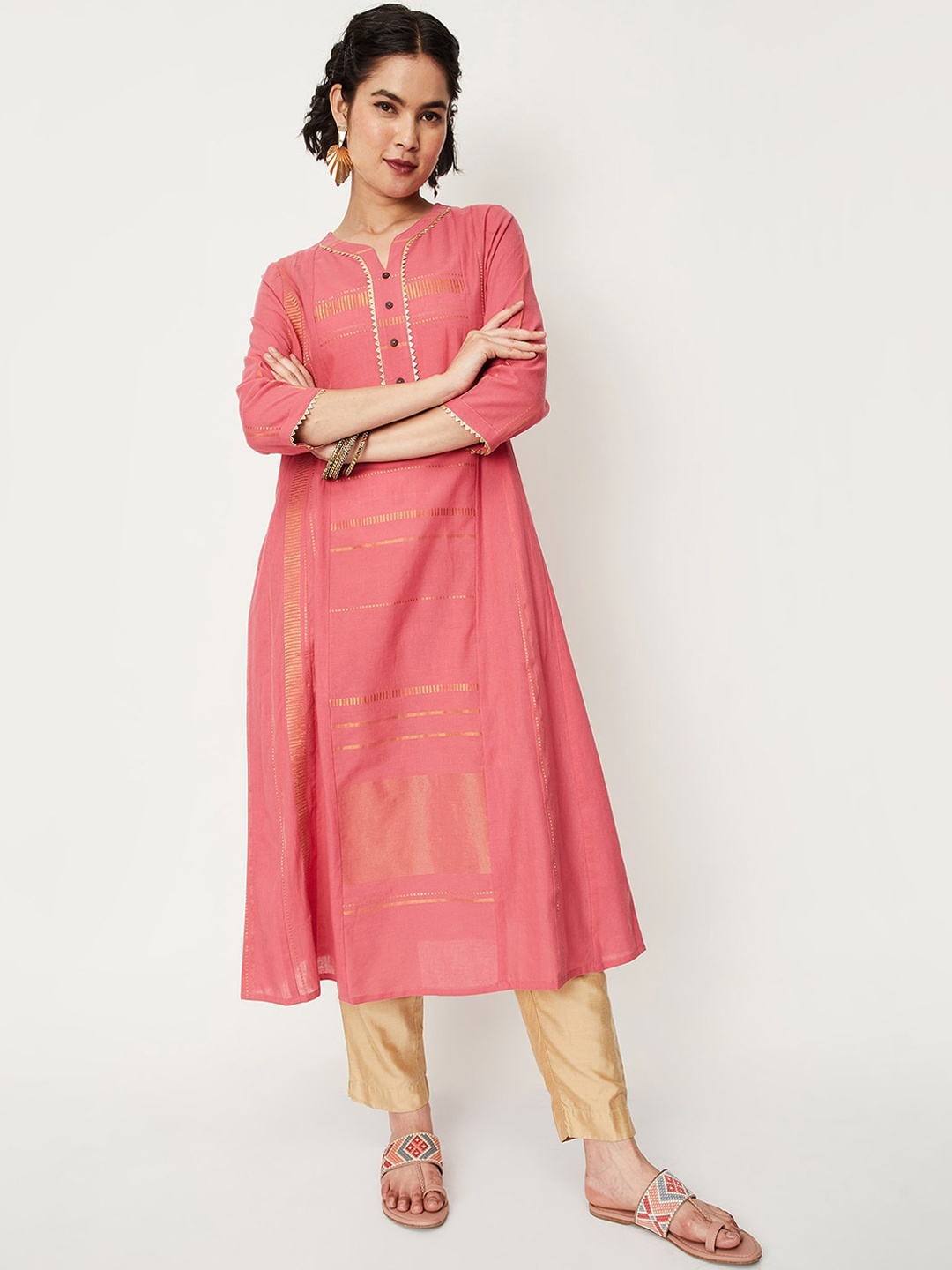 

max Woven Design Gotta Patti Pure Cotton A-Line Kurta, Pink