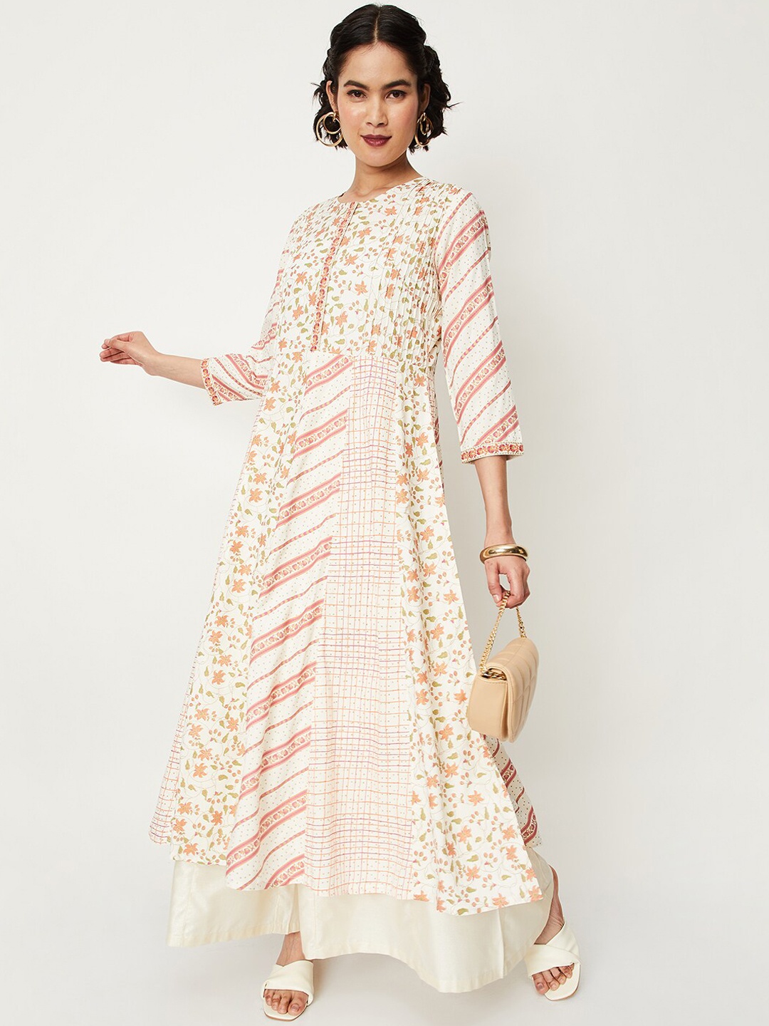 

max Floral Printed Thread Work Panelled A-Line Kurta, Off white