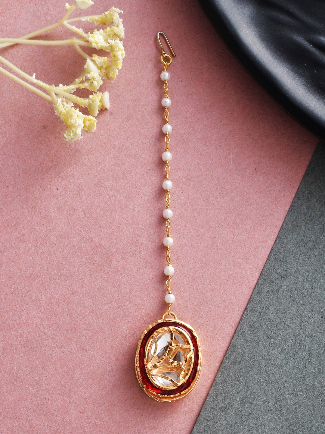 

Silvermerc Designs Gold-Plated Textured Pattern Enamelled Maangtika