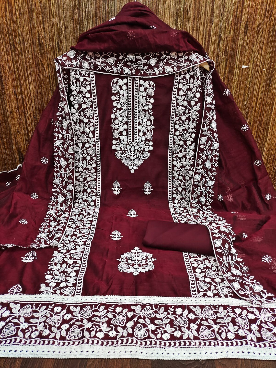 

KALINI Embroidered Chanderi Silk Unstitched Dress Material, Maroon