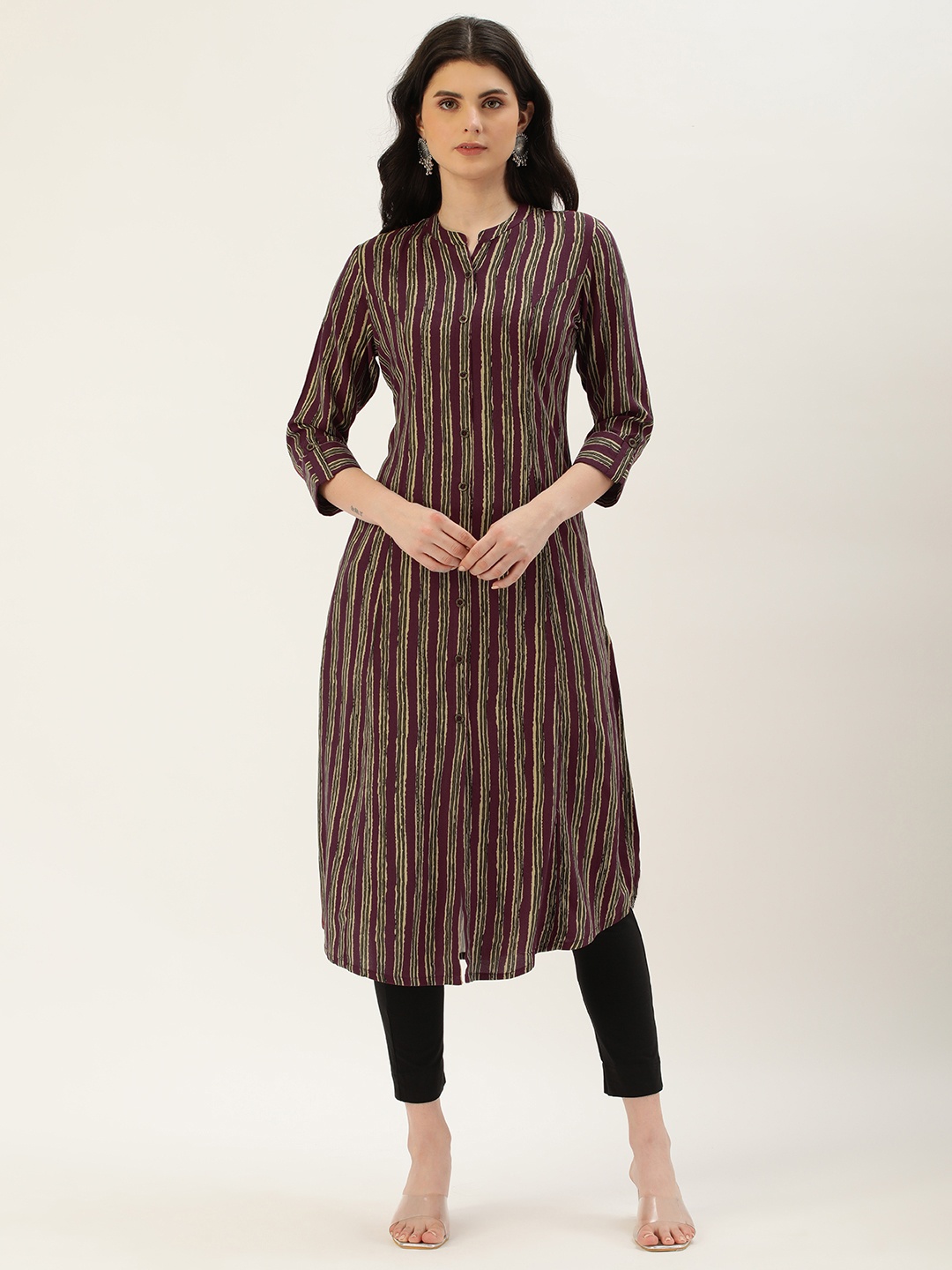 

AMUKTI Women Striped A-Line Kurta, Maroon