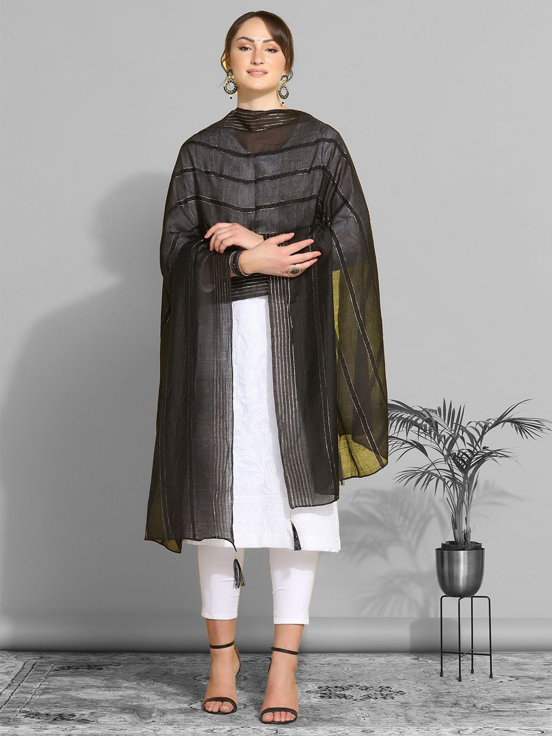 

Satrani Black Striped Woven Design Cotton Silk Dupatta