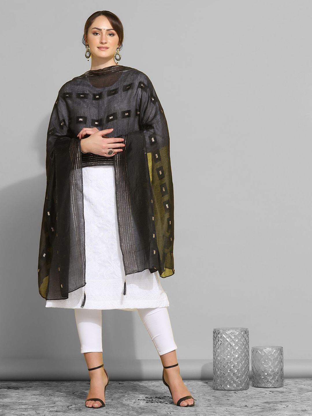 

Satrani Woven Design Cotton Silk Dupatta, Black
