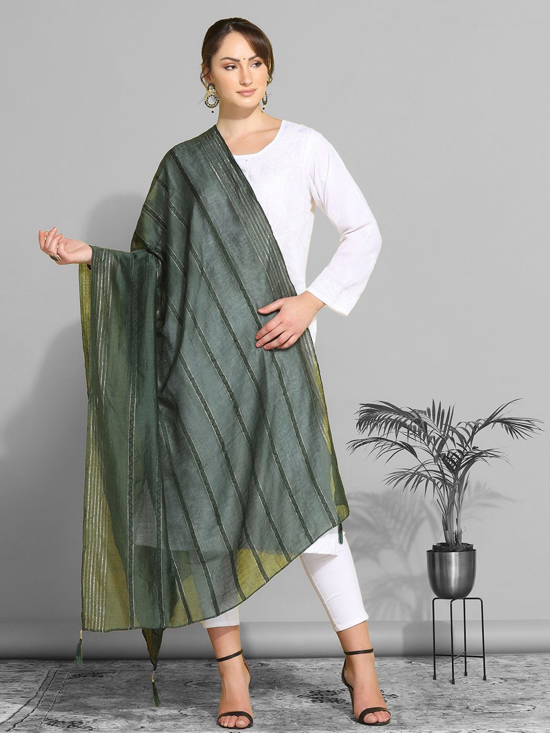 

Satrani Green Striped Woven Design Cotton Silk Dupatta With Zari