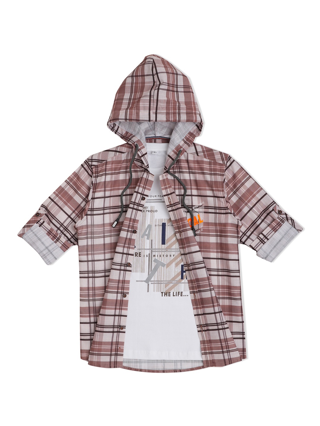 

CAVIO Boys Smart Fit Hooded Tartan Checked Opaque Casual Shirt With A T-shirt, Brown