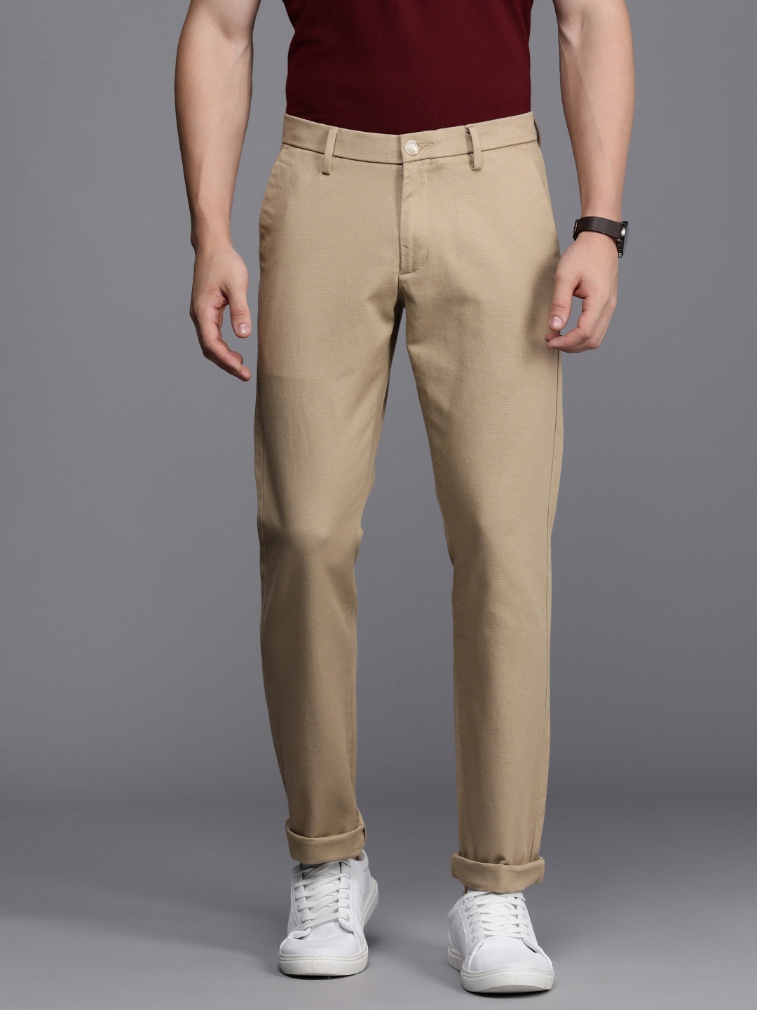 

Allen Solly Men Textured Slim Fit Trousers, Khaki