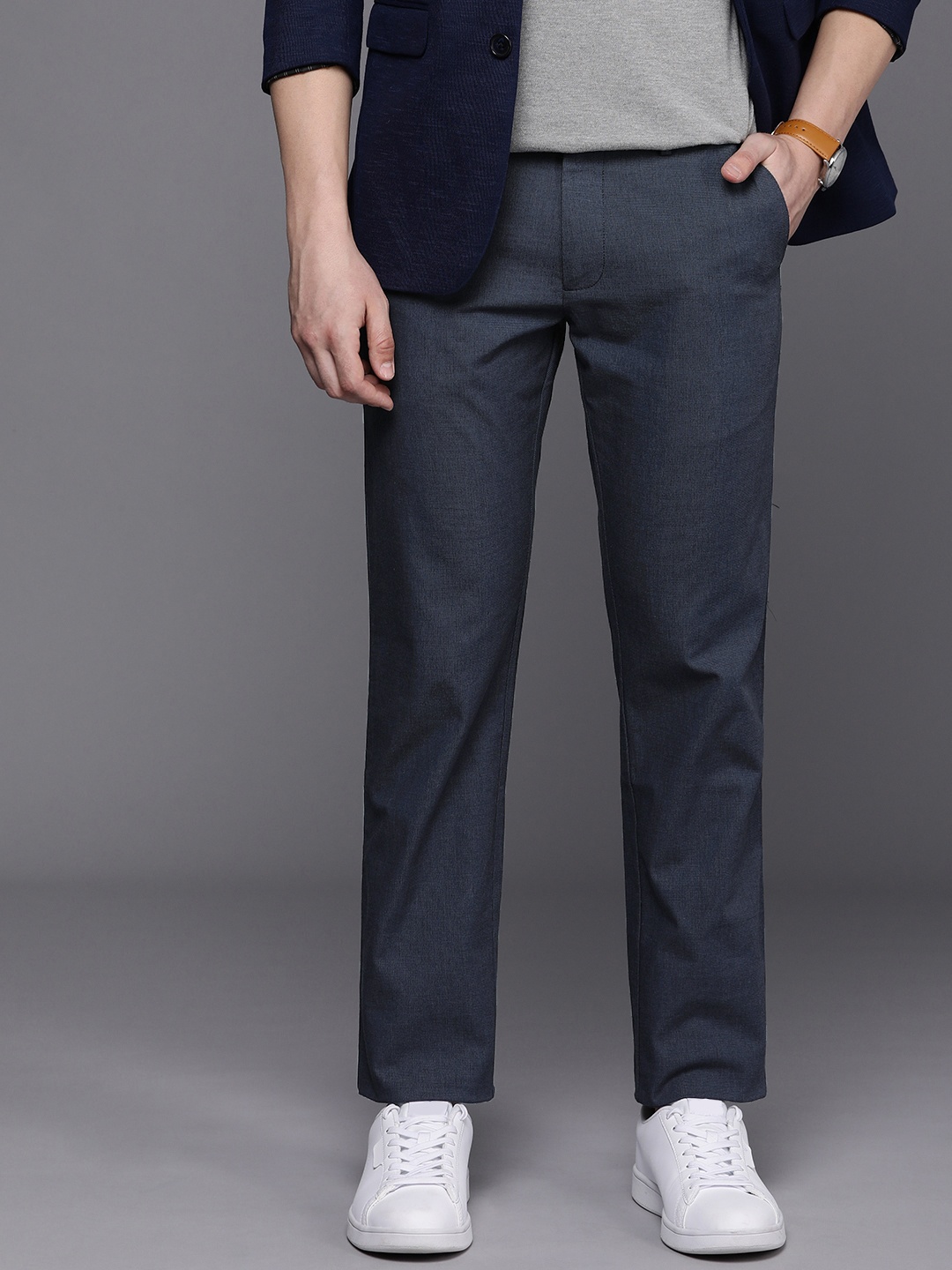 

Allen Solly Men Textured Slim Fit Trousers, Navy blue