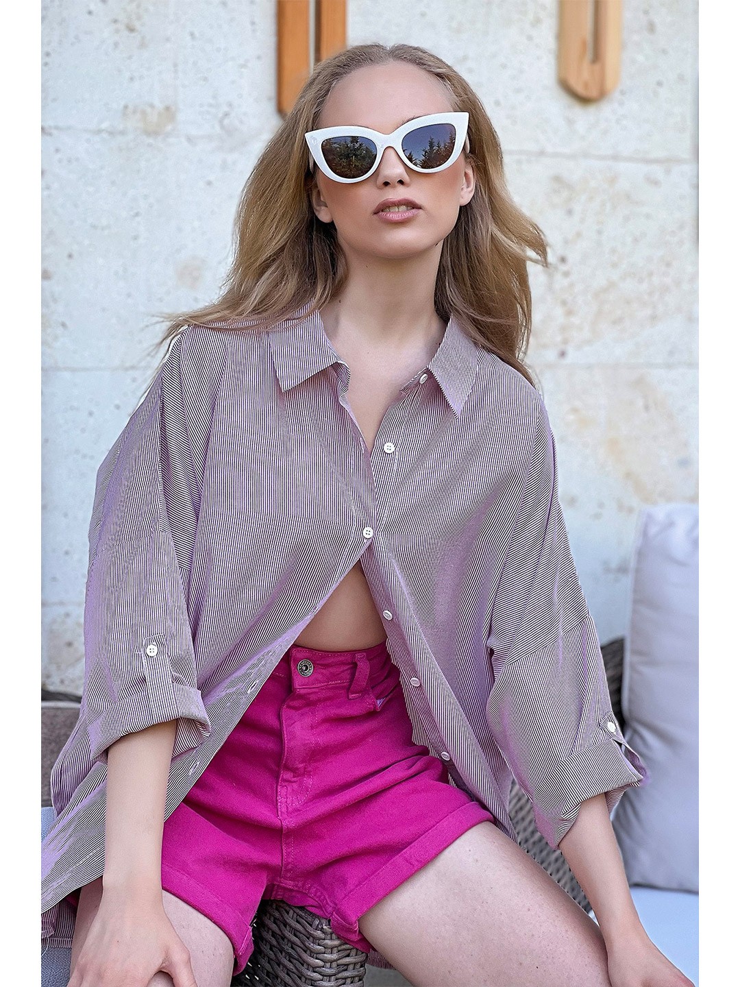 

Trend Alacati stili Pin Striped Pure Cotton Longline Casual Shirt, Mauve