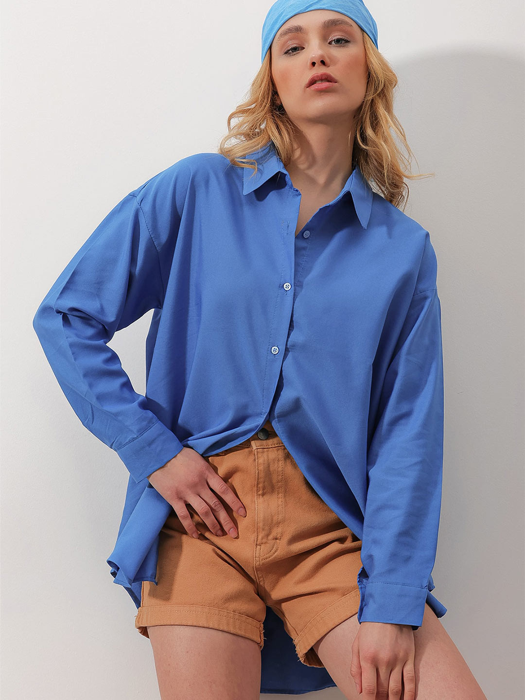 

Trend Alacati stili Drop-Shoulder Longline Casual Shirt, Blue