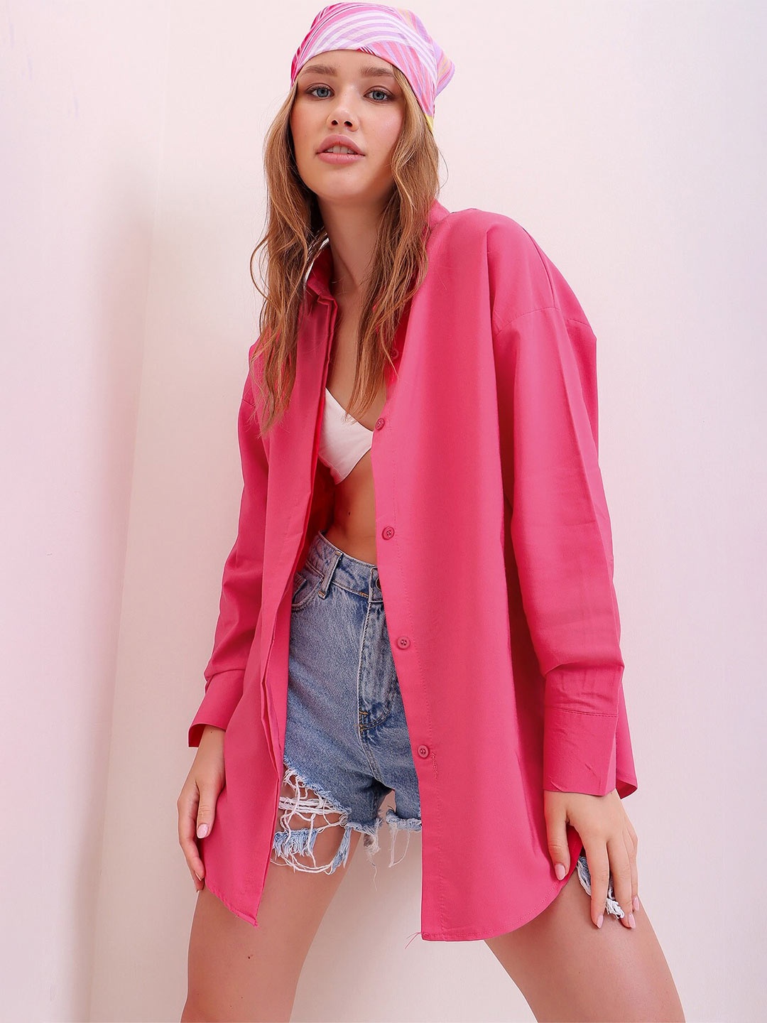 

Trend Alacati stili Drop-Shoulder Sleeves Pure Cotton Casual Shirt, Pink